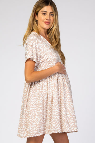 Taupe Animal Print Short Sleeve Maternity Dress