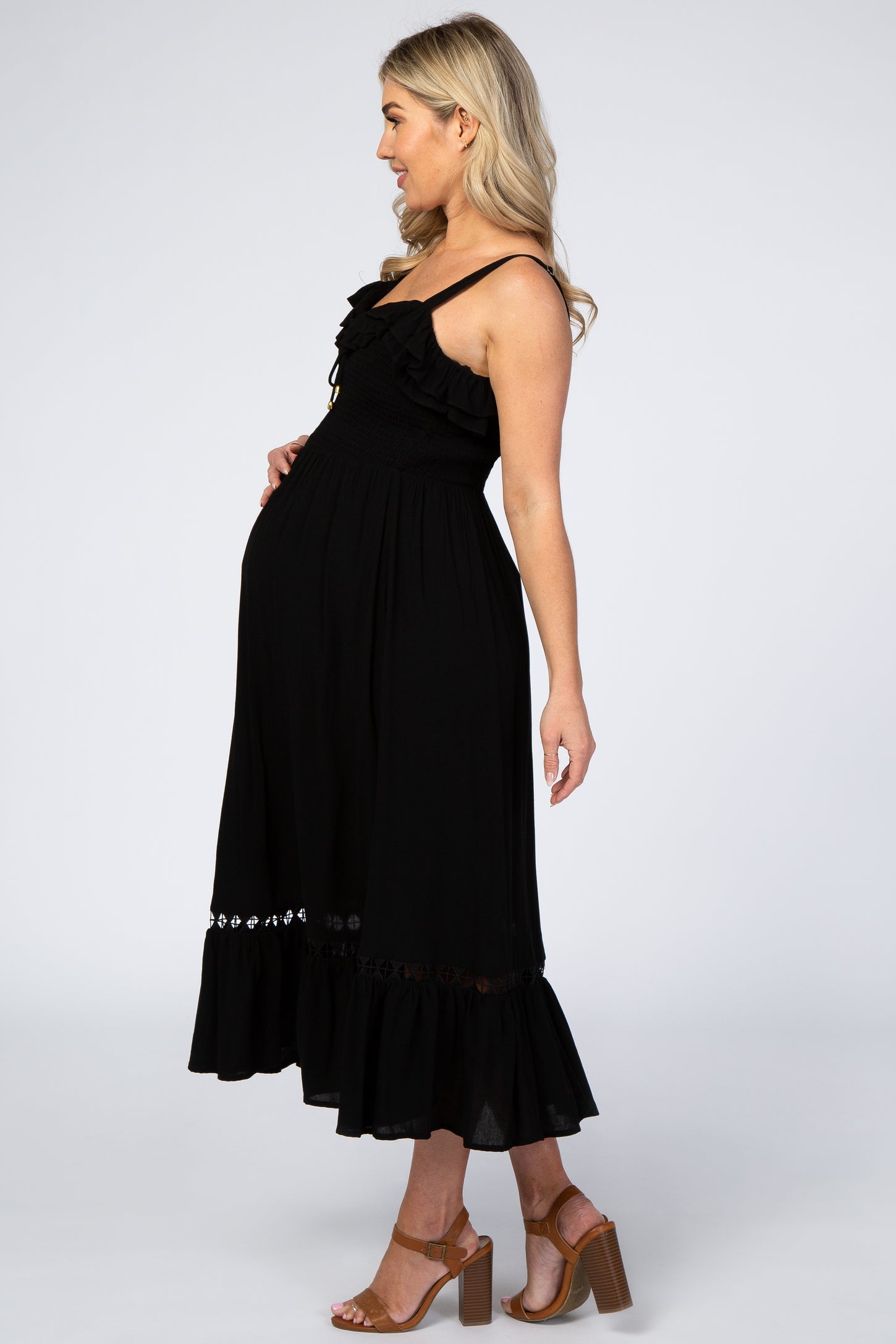 Black Smocked Ruffle Accent Maternity Midi Dress– PinkBlush