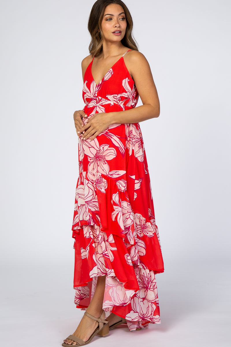 Red Chiffon Floral Hi-Low Tiered Maternity Dress– PinkBlush