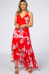 Red Chiffon Floral Hi-Low Tiered Dress