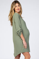 Olive Solid V-Neck 3/4 Sleeve Maternity Dress