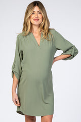 Olive Solid V-Neck 3/4 Sleeve Maternity Dress