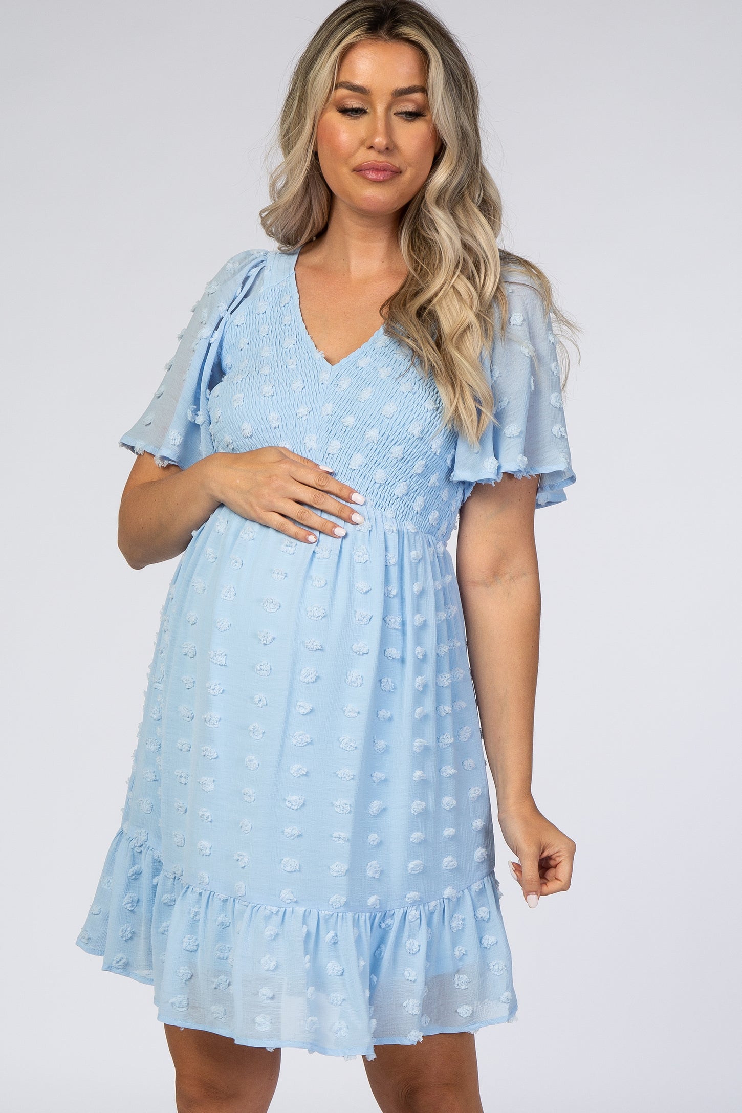 Light Blue Swiss Dot Smocked Maternity Dress– PinkBlush
