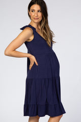 Navy Blue Tiered Tie Sleeve Maternity Dress