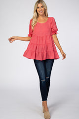 Pink Chiffon Dotted Tiered Bubble Sleeve Top