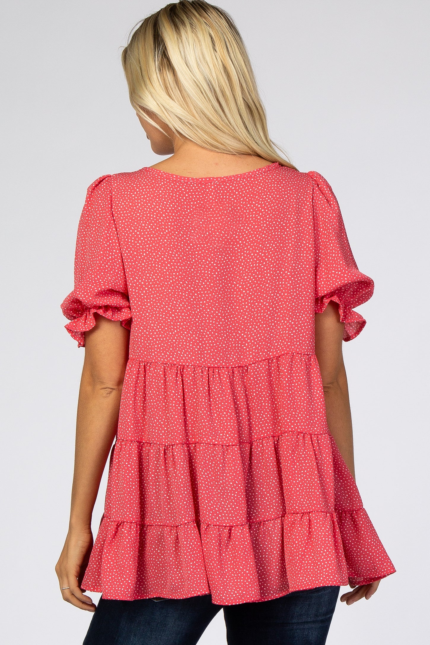 Pink Chiffon Dotted Tiered Bubble Sleeve Top