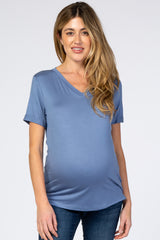 Dusty Blue V-Neck Cuff Sleeve Maternity Top