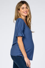 Blue Swiss Dot Puff Ruffle Short Sleeve Maternity Top