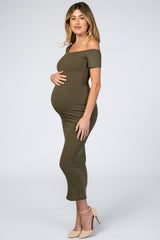 Olive Ribbed One Shoulder Fitted Maternity Dress