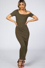 Olive Ribbed One Shoulder Fitted Maternity Dress