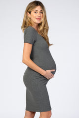 Charcoal Grey Ribbed Maternity Dress