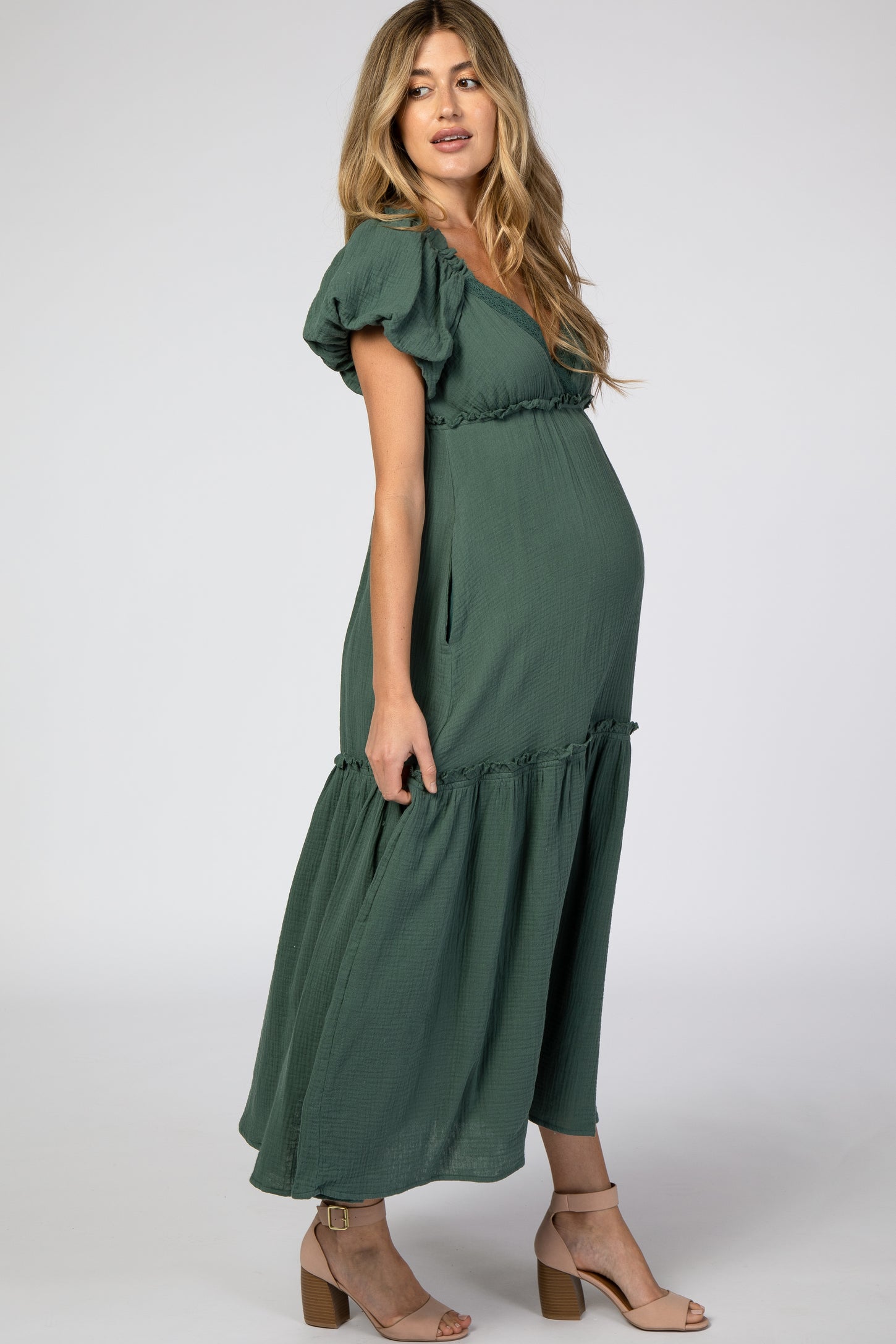 Forest Green Crochet Trim Ruffle Tiered Maternity Maxi Dress – PinkBlush