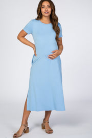 Light Blue Side Slit Maternity Midi Dress