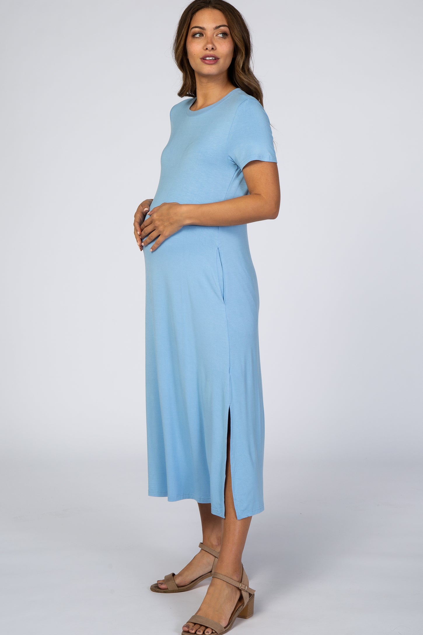 Light Blue Side Slit Maternity Midi Dress – PinkBlush
