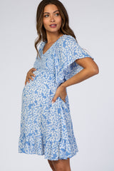 Blue Floral Smocked Ruffle Maternity Dress