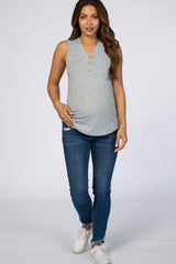 Heather Grey Ribbed Button Accent Sleeveless Maternity Top