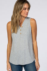 Heather Grey Ribbed Button Accent Sleeveless Maternity Top