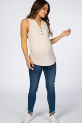 Beige Ribbed Button Accent Sleeveless Maternity Top