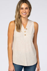 Beige Ribbed Button Accent Sleeveless Top