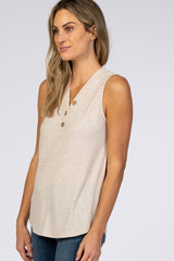Beige Ribbed Button Accent Sleeveless Top