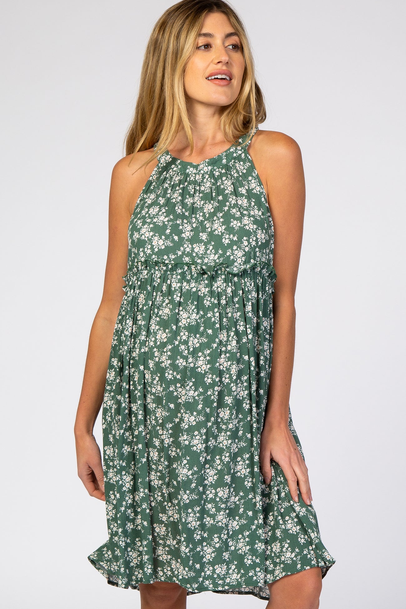 Green Floral Ruffle Waist Halter Maternity Dress – PinkBlush