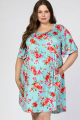 Aqua Floral Printed Maternity Plus Dress