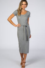 Grey Ribbed Fitted Side Slit Maternity Dress