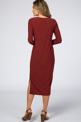 Burgundy 3/4 Sleeve Midi Dress