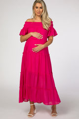 Fuchsia Off Shoulder Tiered Maternity Maxi Dress