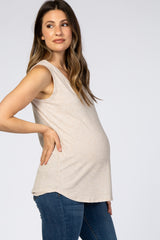 Beige Ribbed Sleeveless Maternity Top