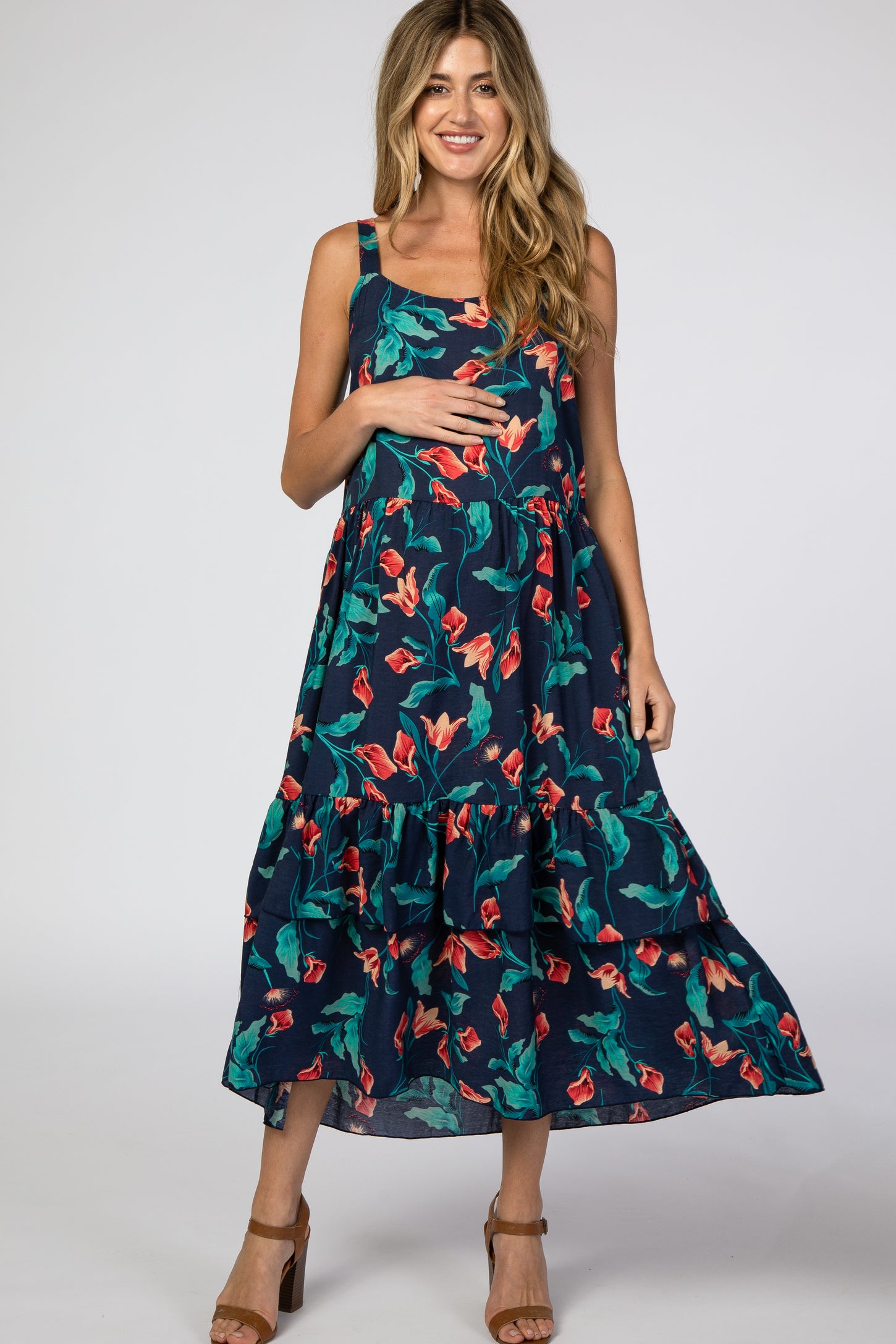 Navy Blue Tropical Floral Square Neck Maternity Midi Dress– PinkBlush