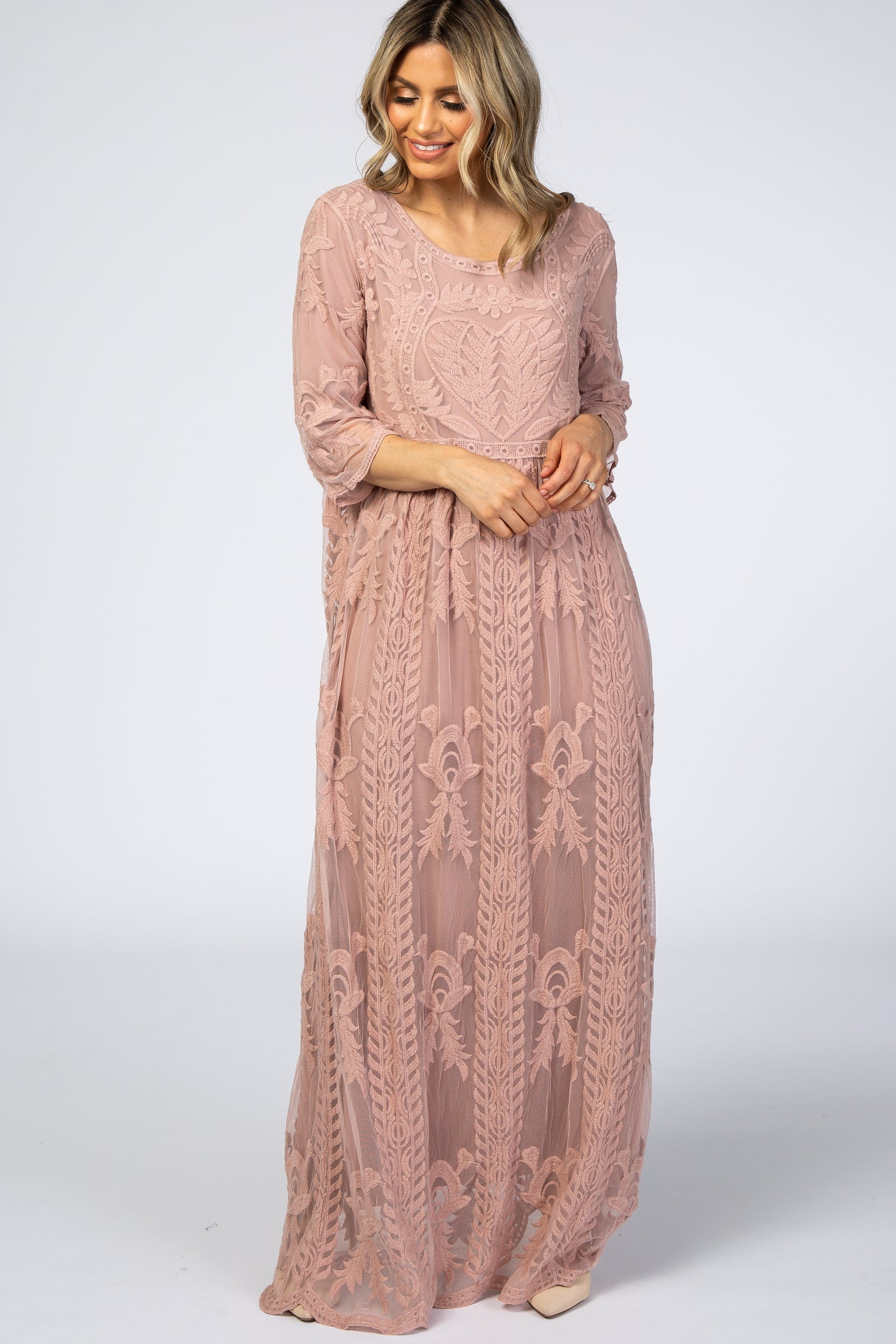 Light Pink Crochet Overlay Maxi Dress