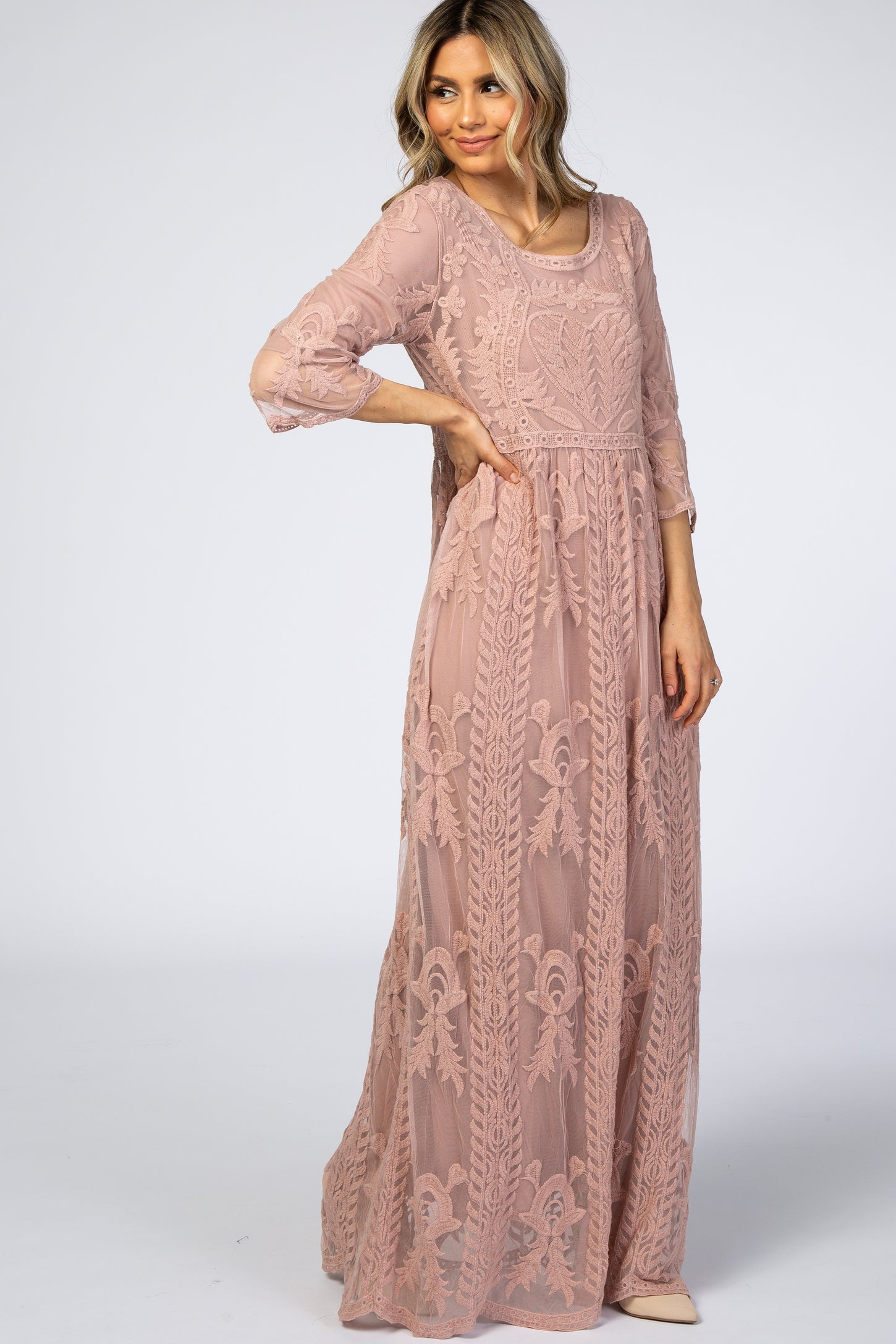Light Pink Crochet Overlay Maxi Dress
