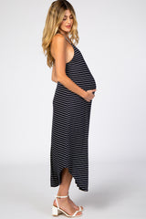 Black Striped Cross Back Maternity Maxi Dress