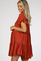 Rust Tiered Ruffle Sleeve Maternity Dress