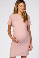 Light Pink Ribbed Ruched Side Fitted Short Sleeve Maternity Dress