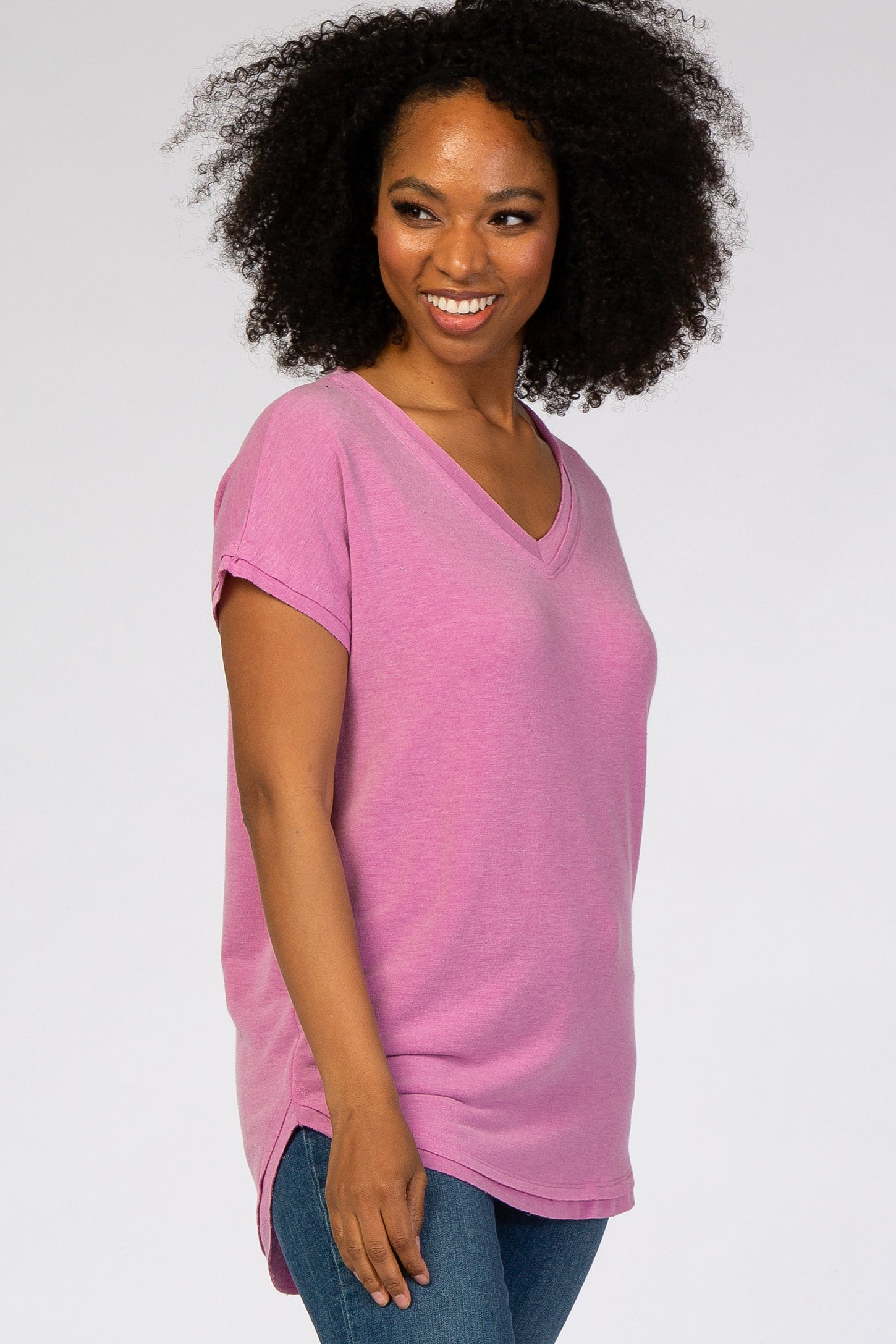 Mauve V-Neck Raw Hem Short Sleeve Top