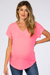 Neon Pink V-Neck Raw Hem Maternity Short Sleeve Top
