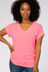 Neon Pink V-Neck Raw Hem Maternity Short Sleeve Top