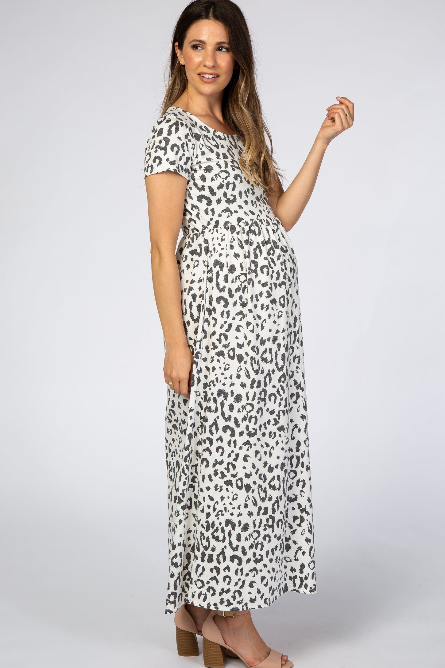 White Animal Print Short Sleeve Maternity Maxi Dress– PinkBlush
