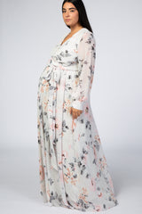 Ivory Floral Chiffon Maternity Plus Maxi Dress