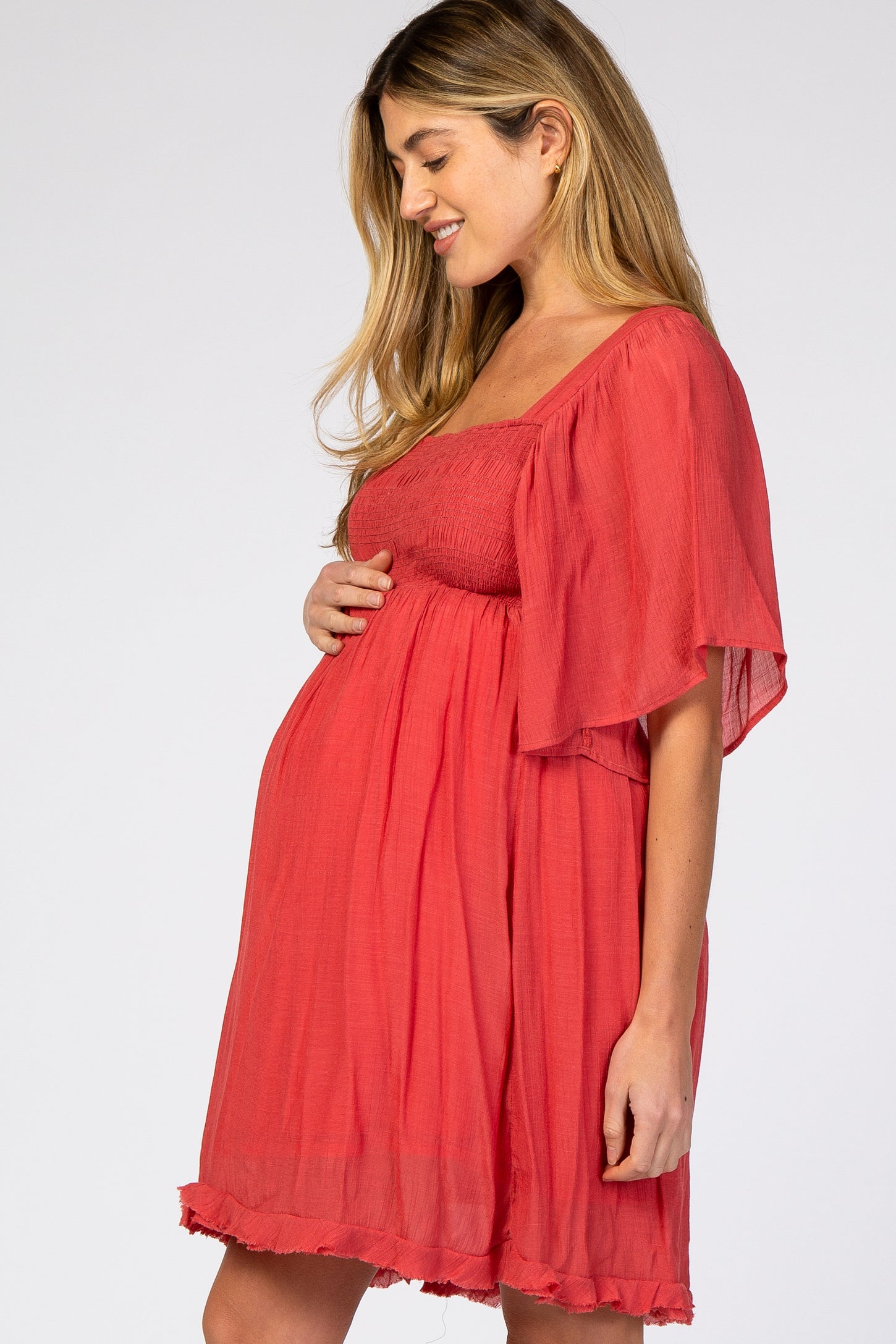 Red Smocked Short Sleeve Maternity Dress