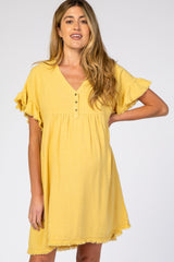 Yellow Linen Fringe Trim Babydoll Maternity Dress