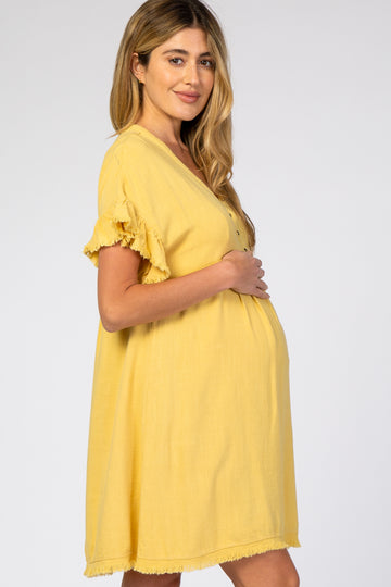 Yellow Linen Fringe Trim Babydoll Maternity Dress