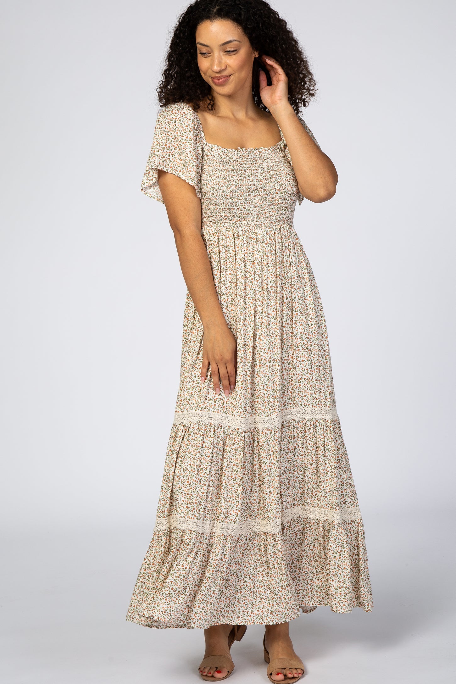 Ivory Floral Square Neck Smocked Front Lace Trim Maxi Dress– PinkBlush