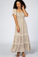 Ivory Floral Square Neck Smocked Front Lace Trim Maxi Dress