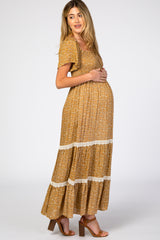 Gold Floral Square Neck Smocked Front Lace Trim Maternity Maxi Dress