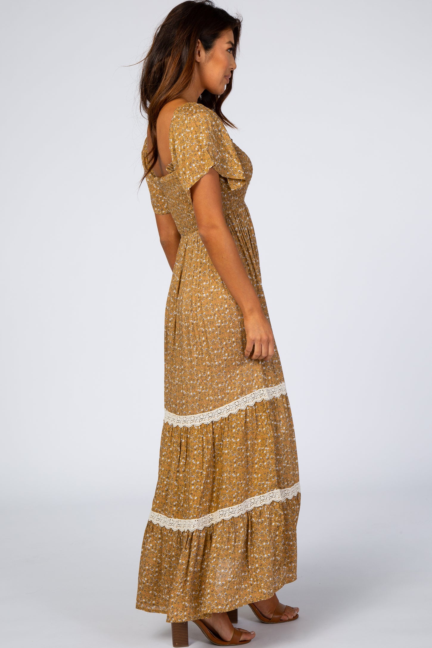 Gold Floral Square Neck Smocked Front Lace Trim Maxi Dress PinkBlush Gold Floral Square Neck Smocked Front Lace Trim Maxi Dress PinkBlush