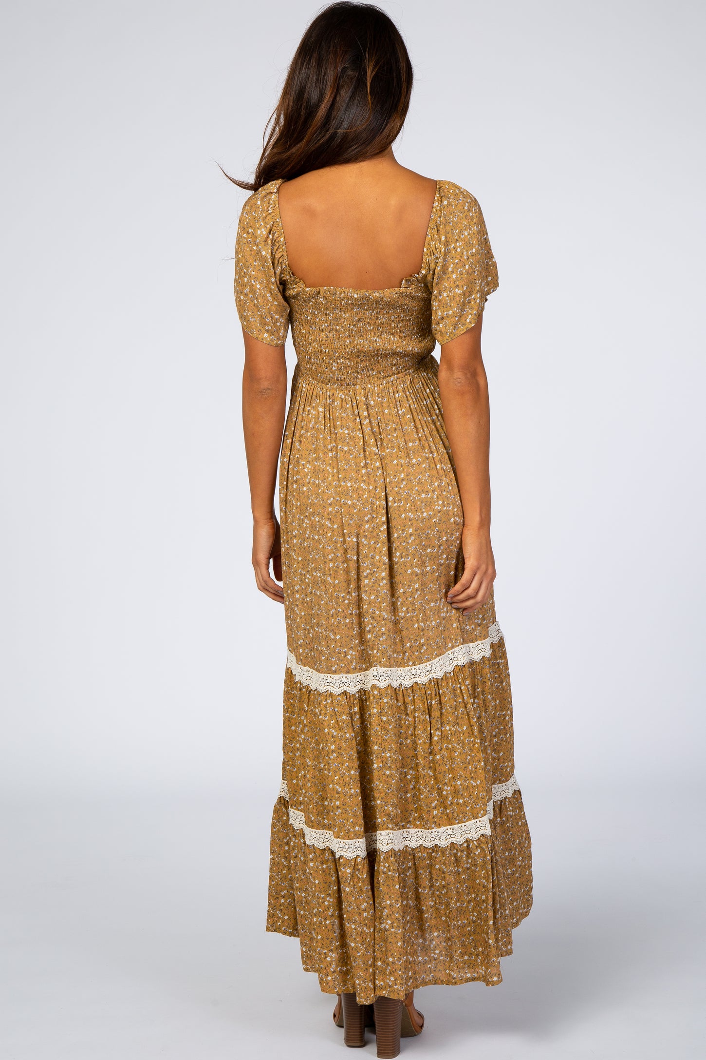 Gold Floral Square Neck Smocked Front Lace Trim Maxi Dress