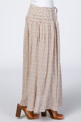 Cream Floral Chiffon Smocked Elastic Waist Midi Skirt